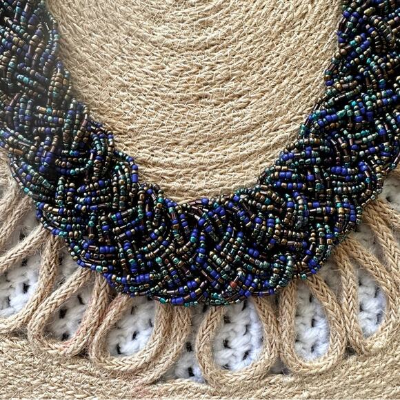 Macy's NWT Turquoise Blue Iridescent Heavily Beaded Braided Statement Necklace - Picture 6 of 8